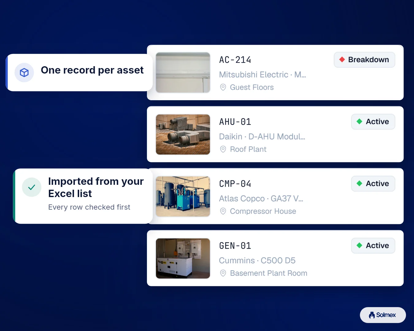 Asset Management in Solmex on a phone: One record per asset. Imported from your Excel list.