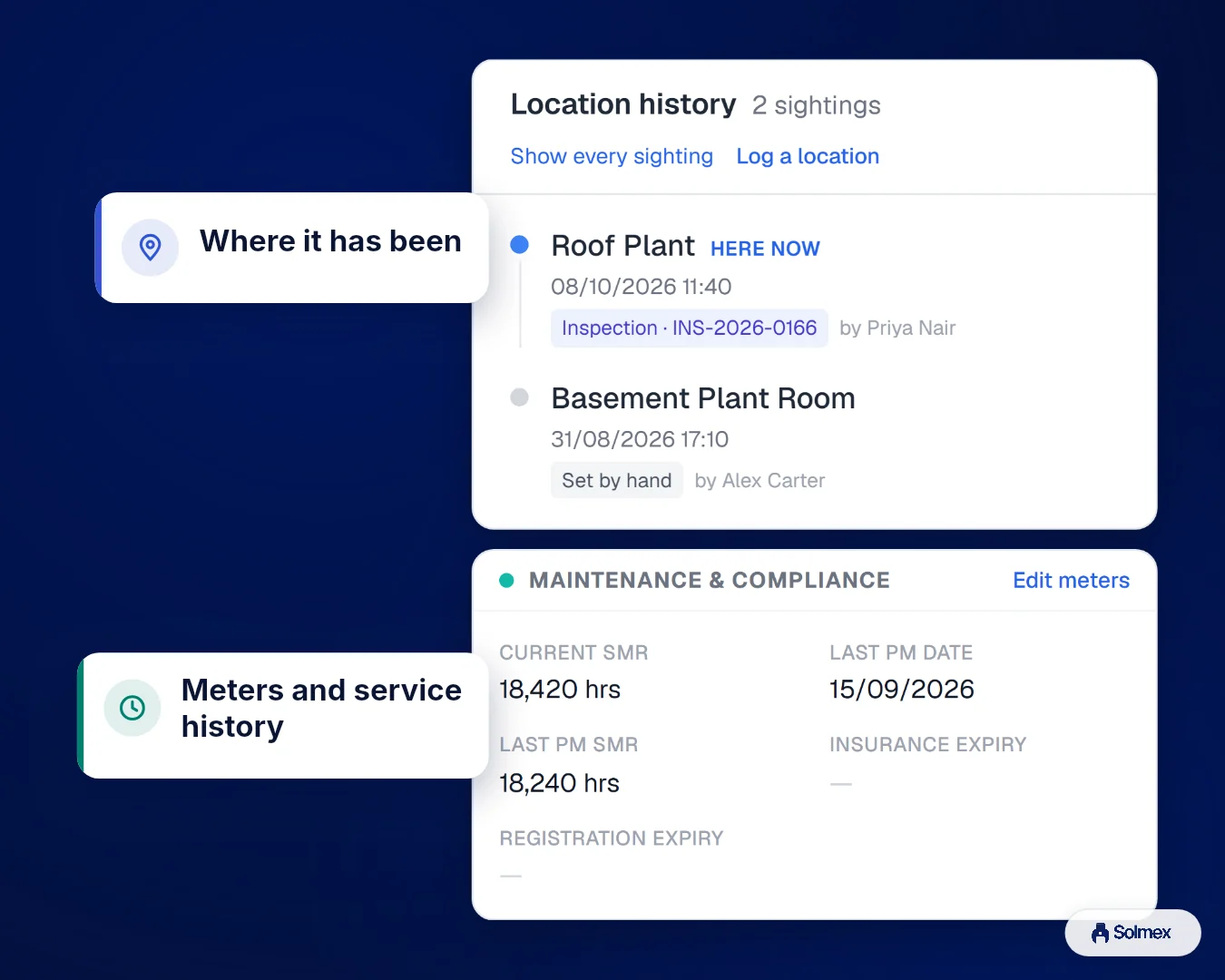 Asset Management in Solmex on a phone: Where it has been. Meters and service history.