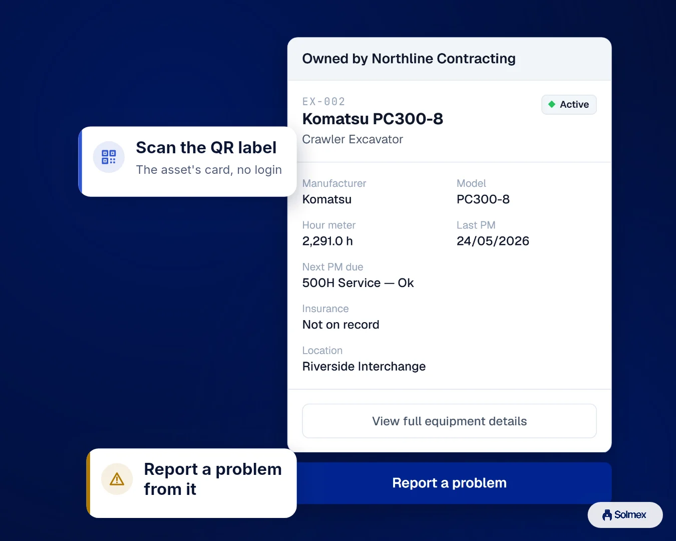 Asset Management in Solmex on a phone: Scan the QR label. Report a problem from it.