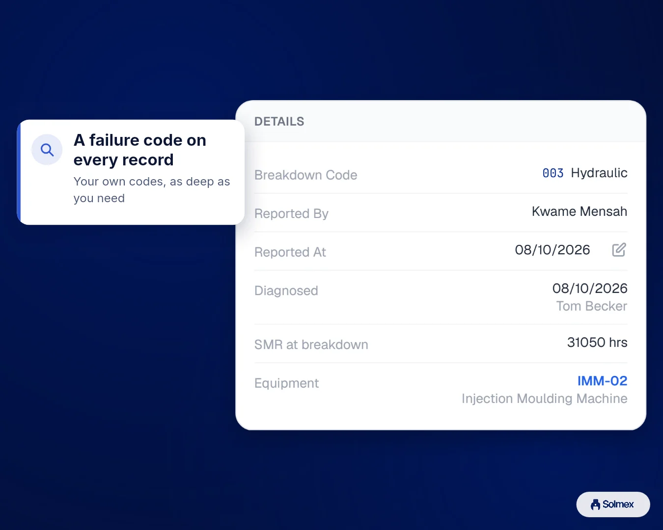 Breakdowns in Solmex on a phone: A failure code on every record.