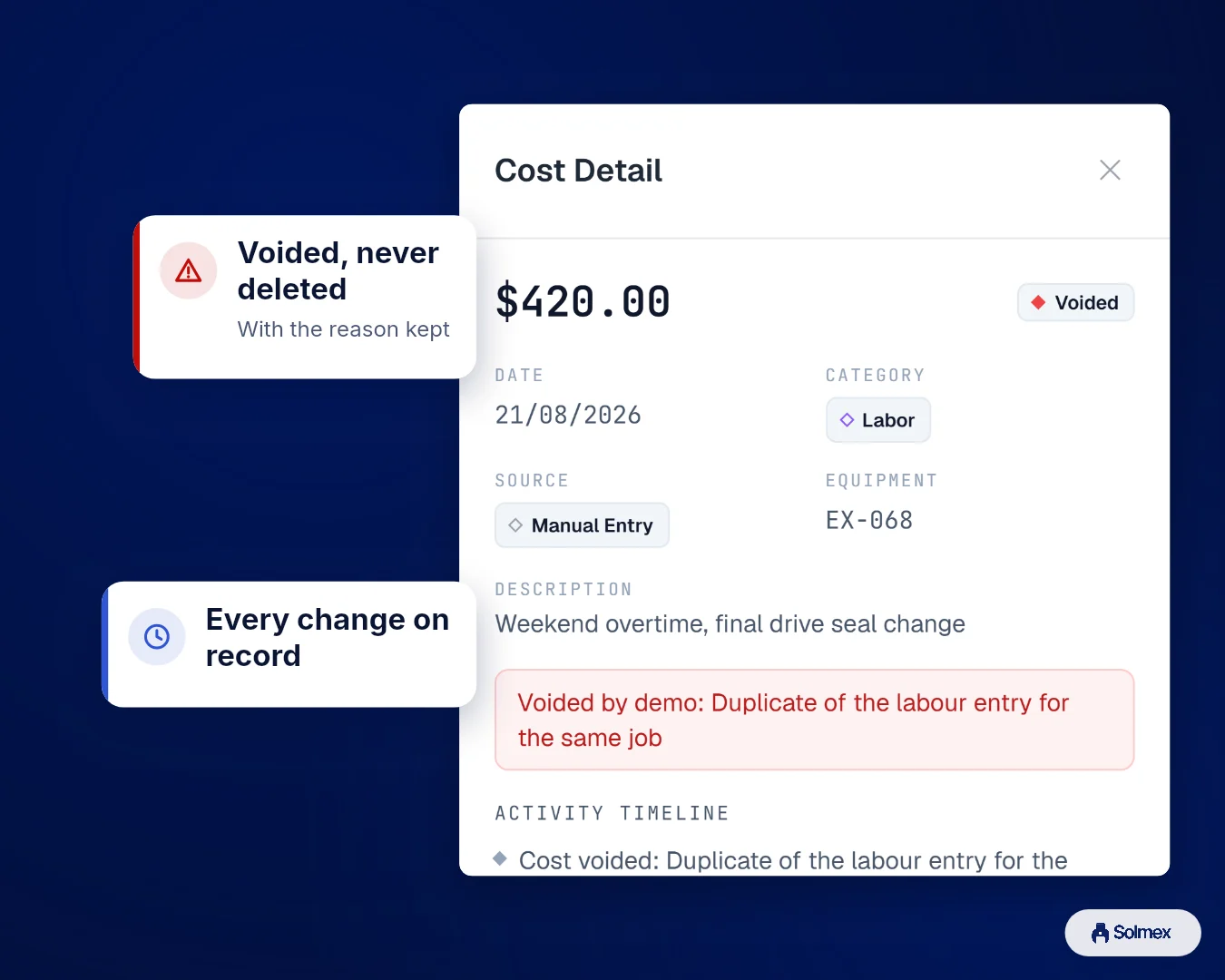 Costs in Solmex on a phone: Voided, never deleted. Every change on record.