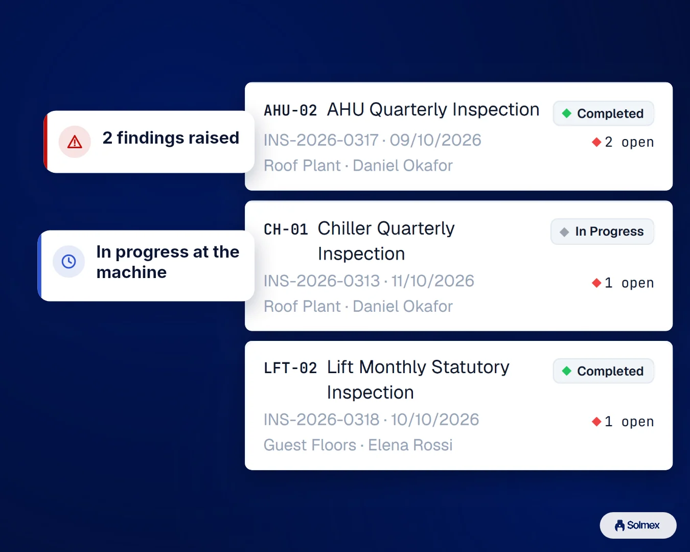 Inspections in Solmex on a phone: 2 findings raised. In progress at the machine.