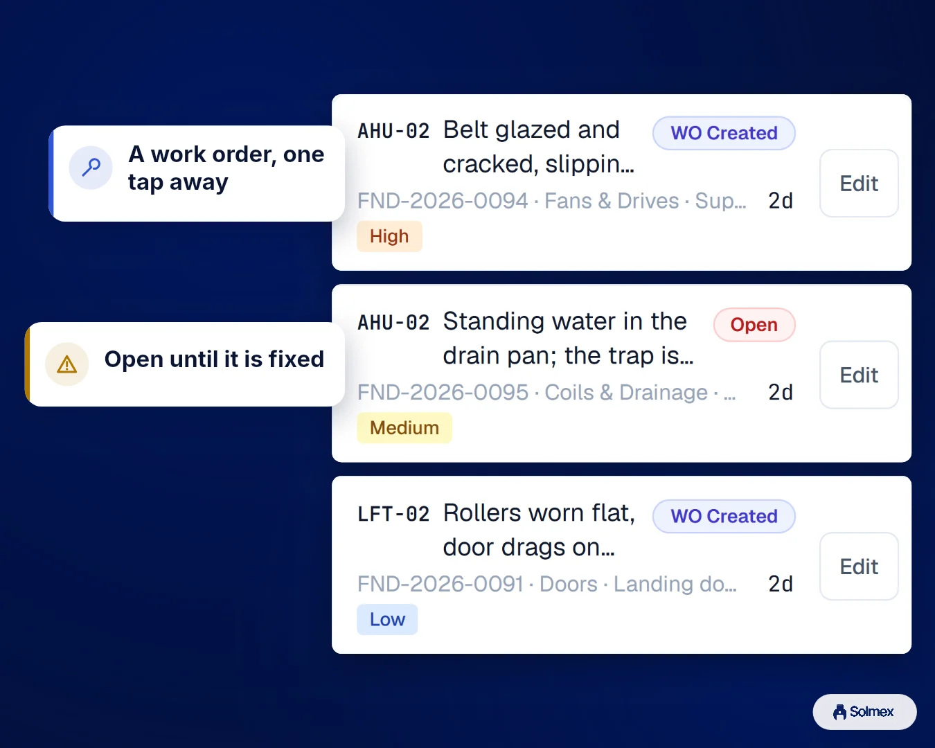 Inspections in Solmex on a phone: A work order, one tap away. Open until it is fixed.