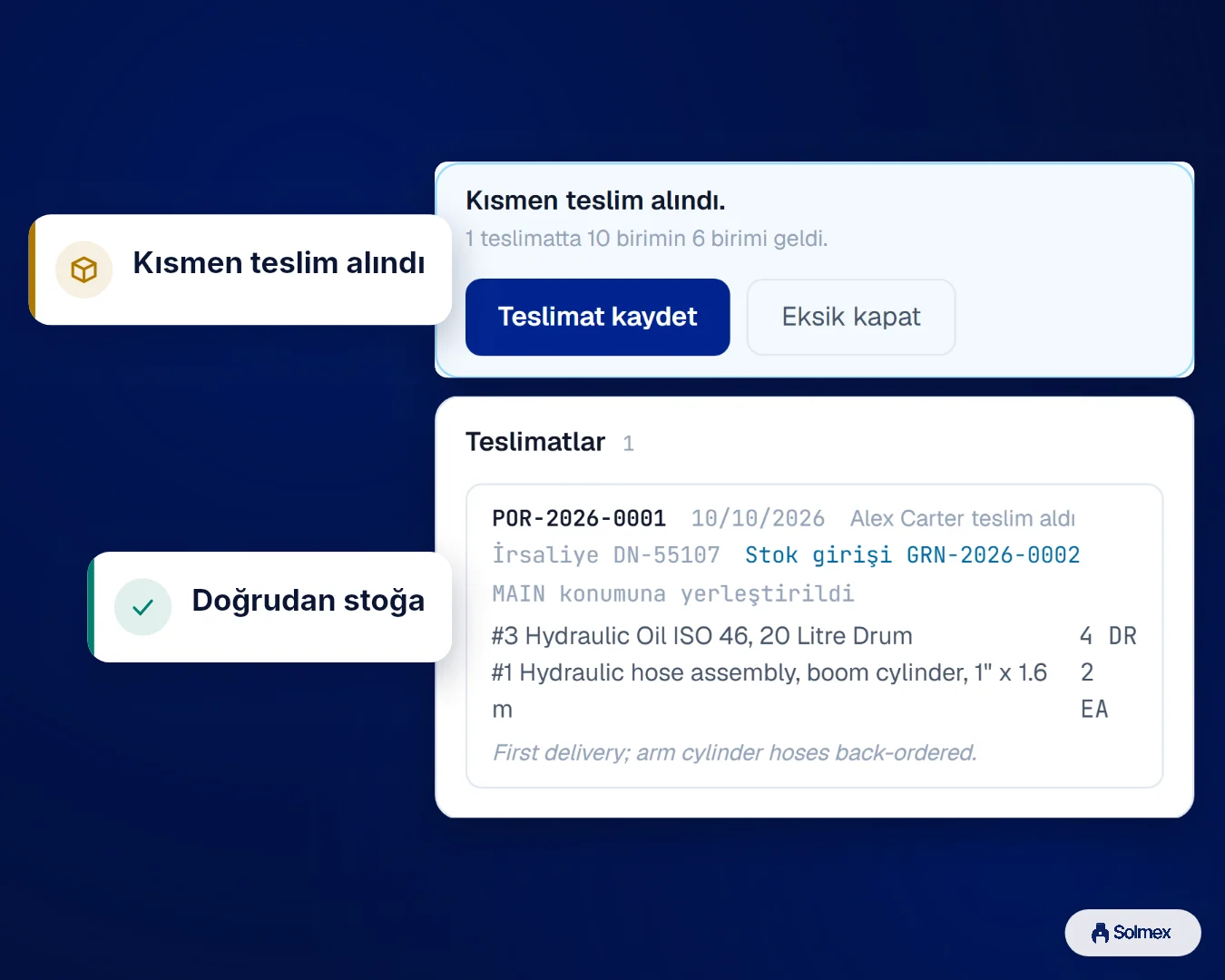 Solmex'te Satın Alma, telefonda: Kısmen teslim alındı. Doğrudan stoğa.