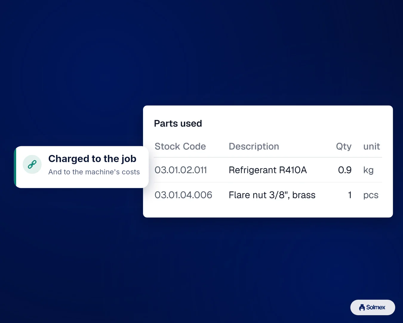 Spare Parts in Solmex on a phone: Charged to the job.