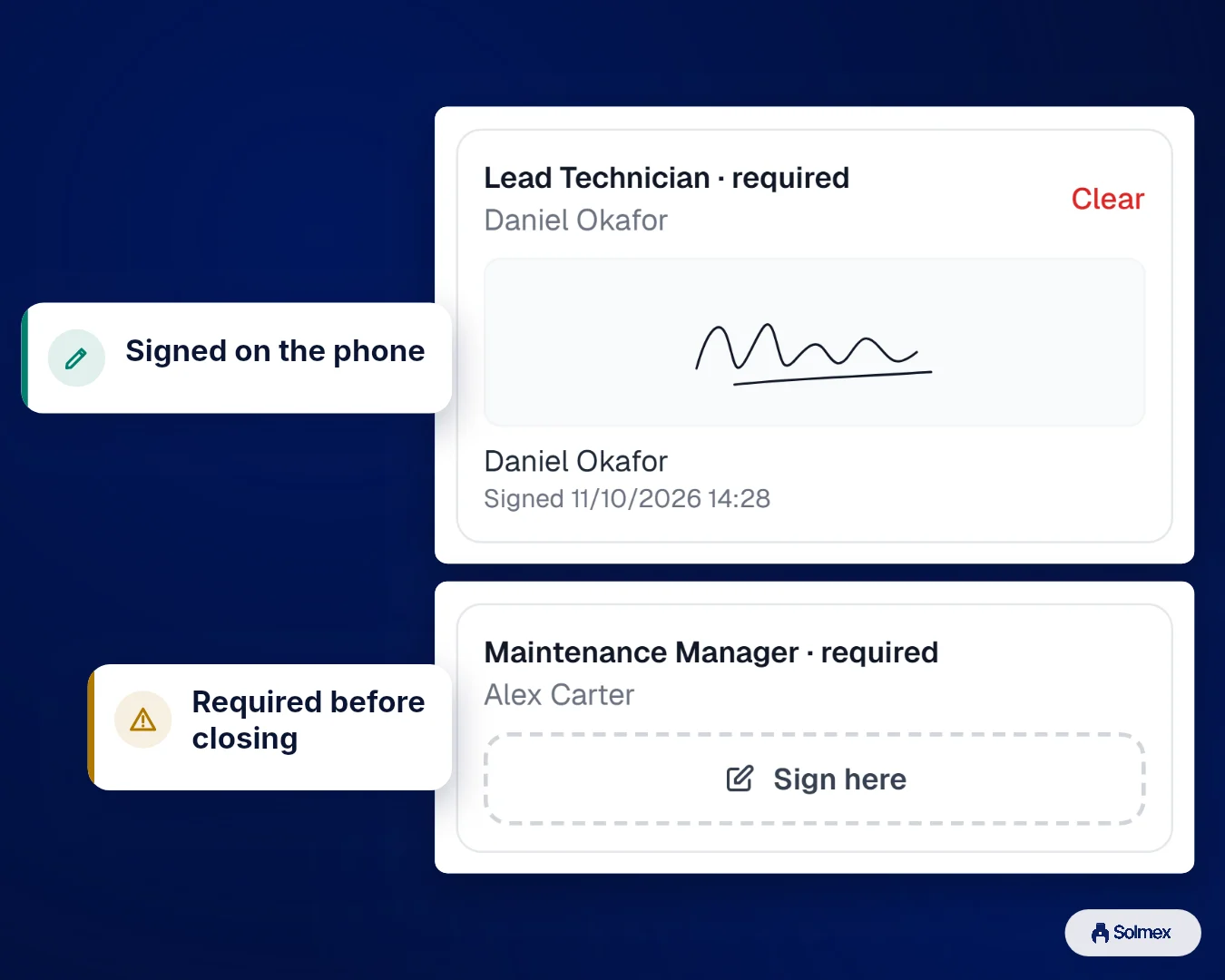 Work Orders in Solmex on a phone: Signed on the phone. Required before closing.