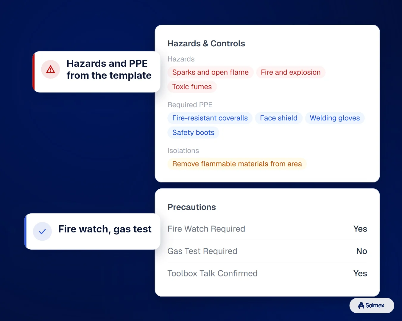 Work Permits in Solmex on a phone: Hazards and PPE from the template. Fire watch, gas test.
