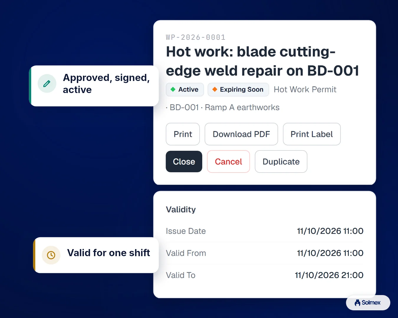 Work Permits in Solmex on a phone: Approved, signed, active. Valid for one shift.