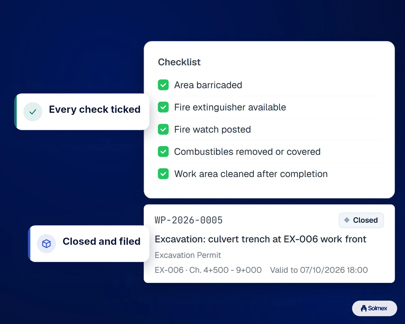 Work Permits in Solmex on a phone: Every check ticked. Closed and filed.