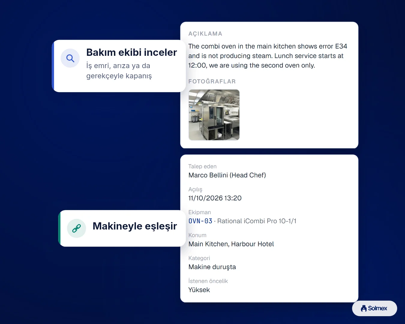 Solmex'te İş Talepleri, telefonda: Bakım ekibi inceler. Makineyle eşleşir.