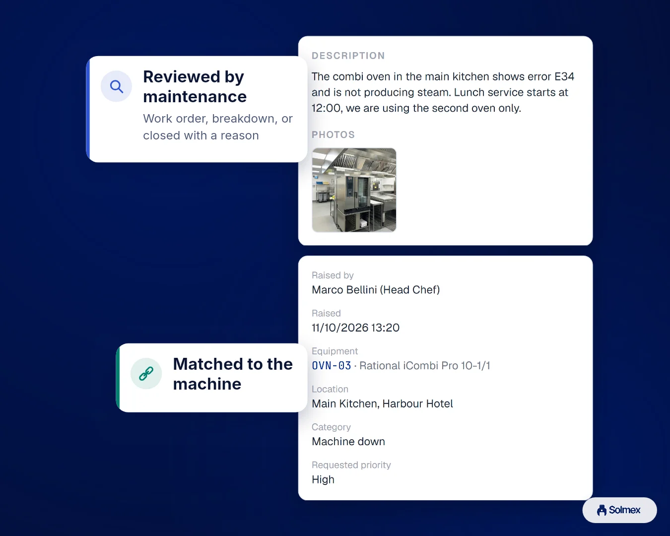 Work Requests in Solmex on a phone: Reviewed by maintenance. Matched to the machine.