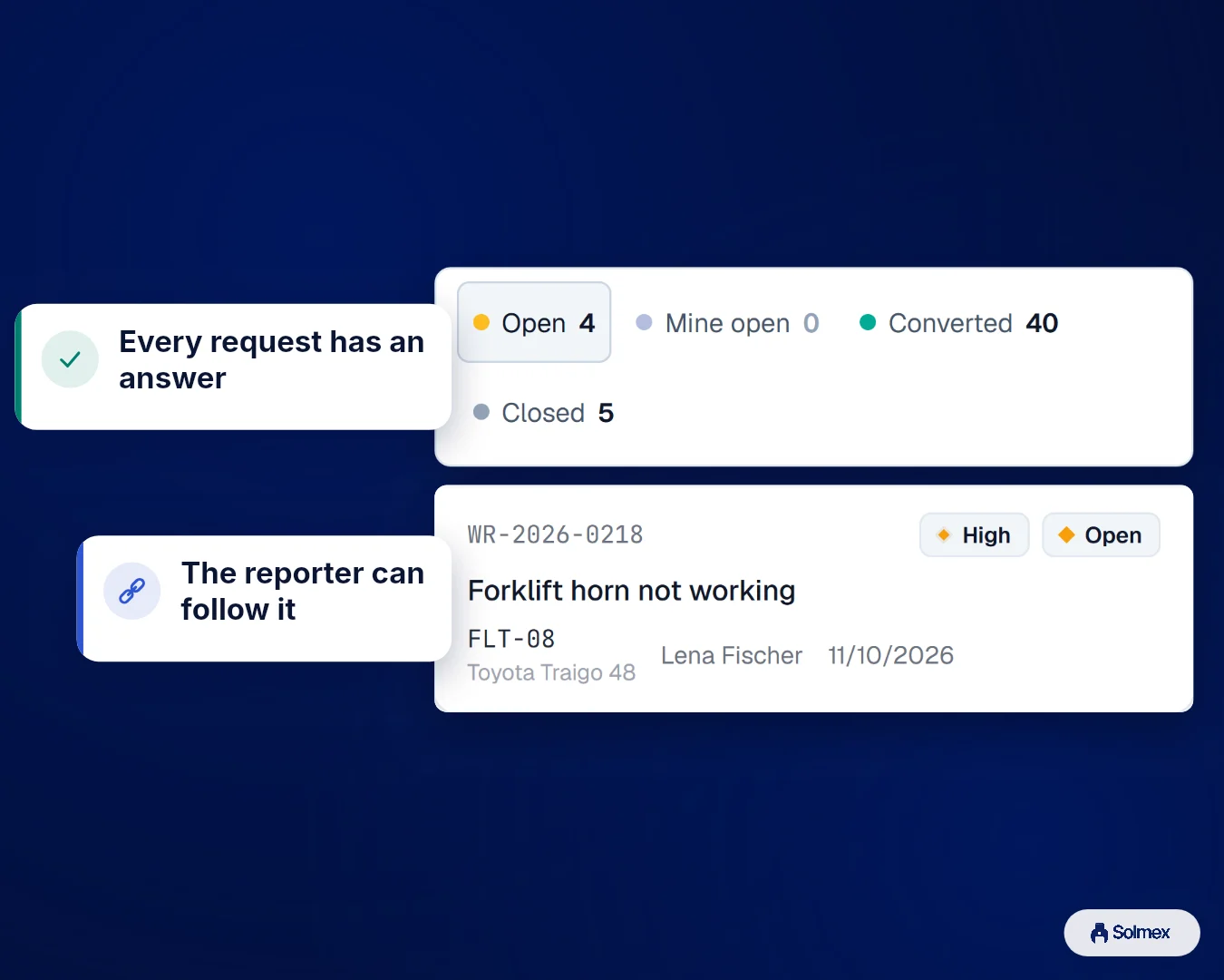 Work Requests in Solmex on a phone: Every request has an answer. The reporter can follow it.
