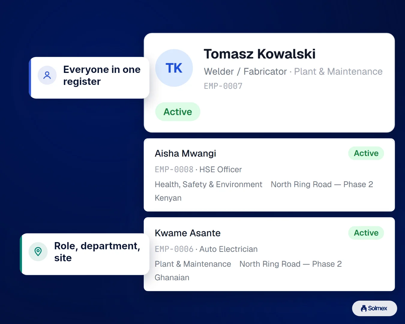 Workforce in Solmex on a phone: Everyone in one register. Role, department, site.