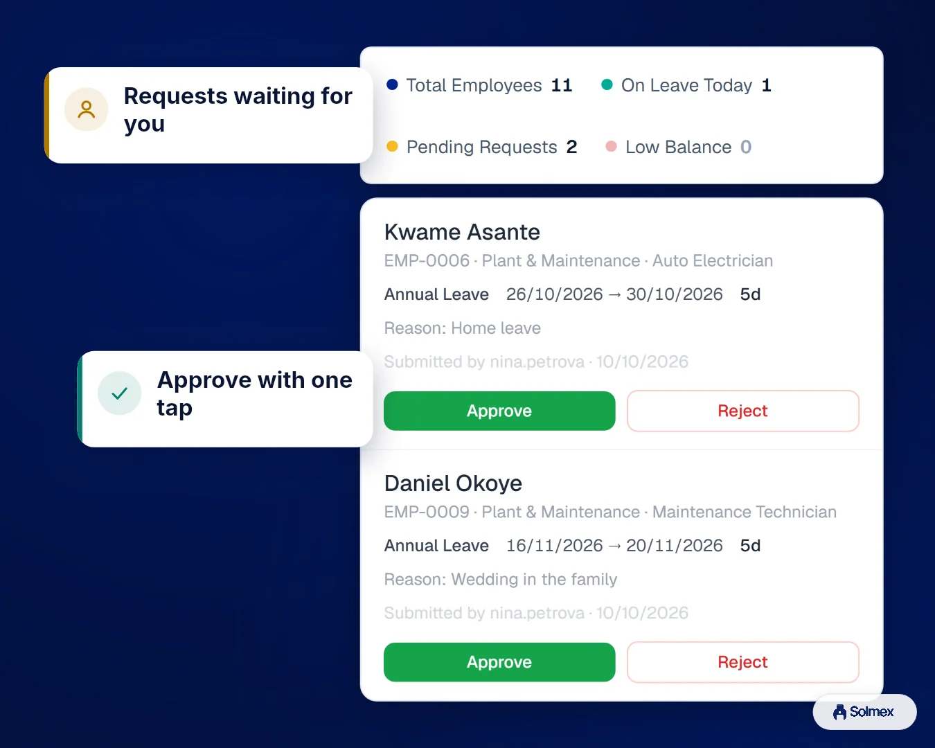 Workforce in Solmex on a phone: Requests waiting for you. Approve with one tap.