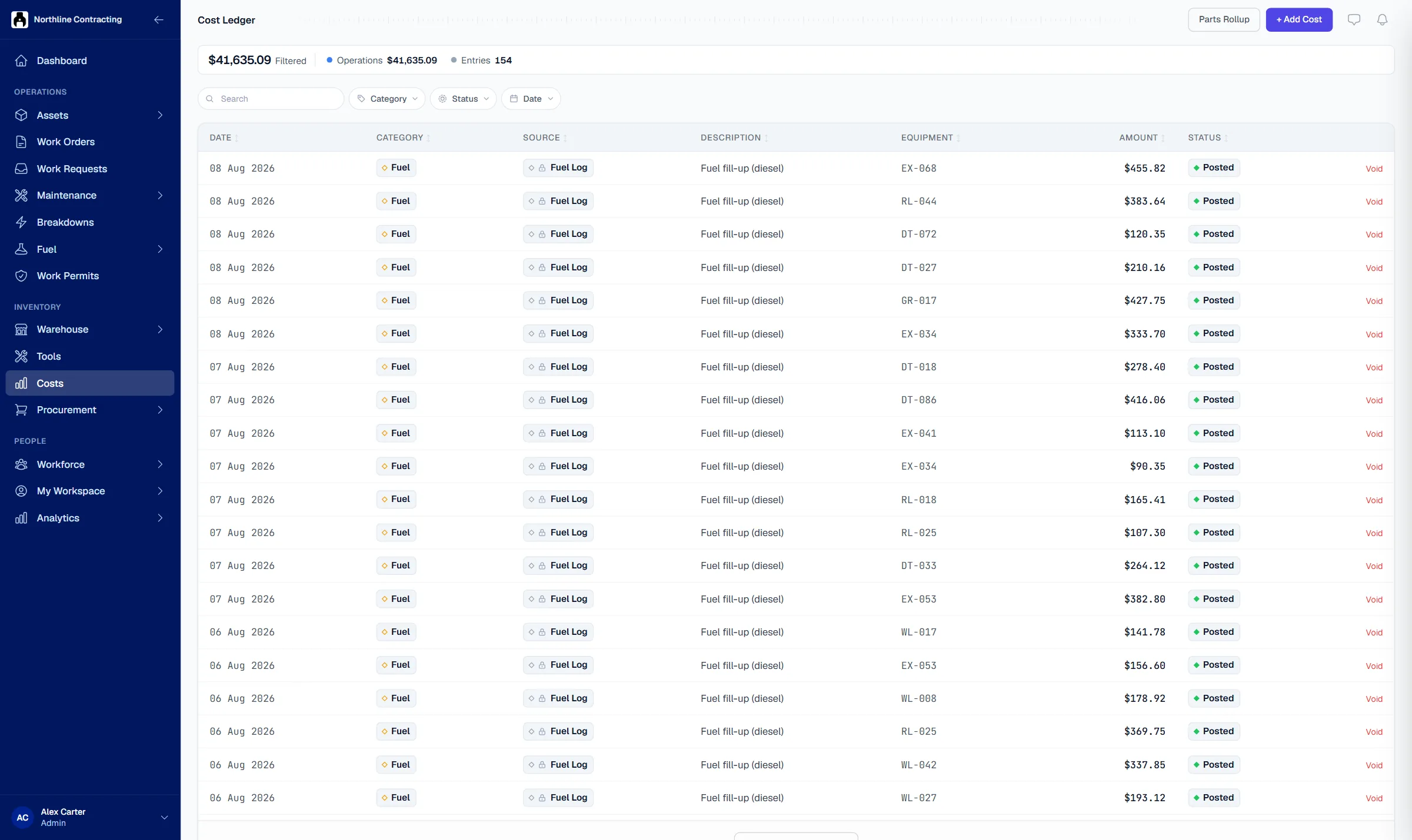 The Solmex cost ledger: one row per financial event with its date, category, source, the machine it belongs to, the description and the amount.