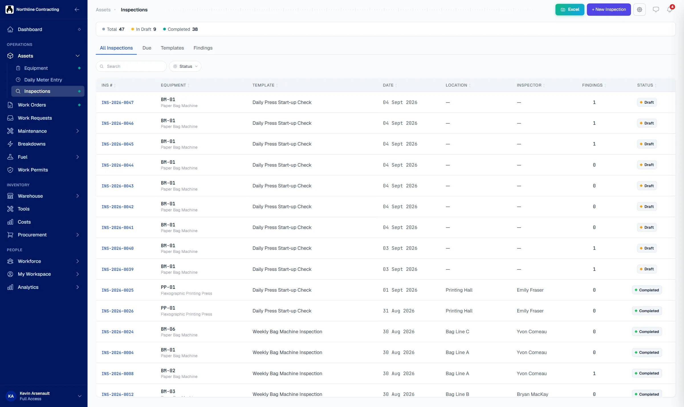 The Solmex inspection register listing completed and scheduled inspections with the machine, the checklist template used, the inspector, the date and the findings raised.