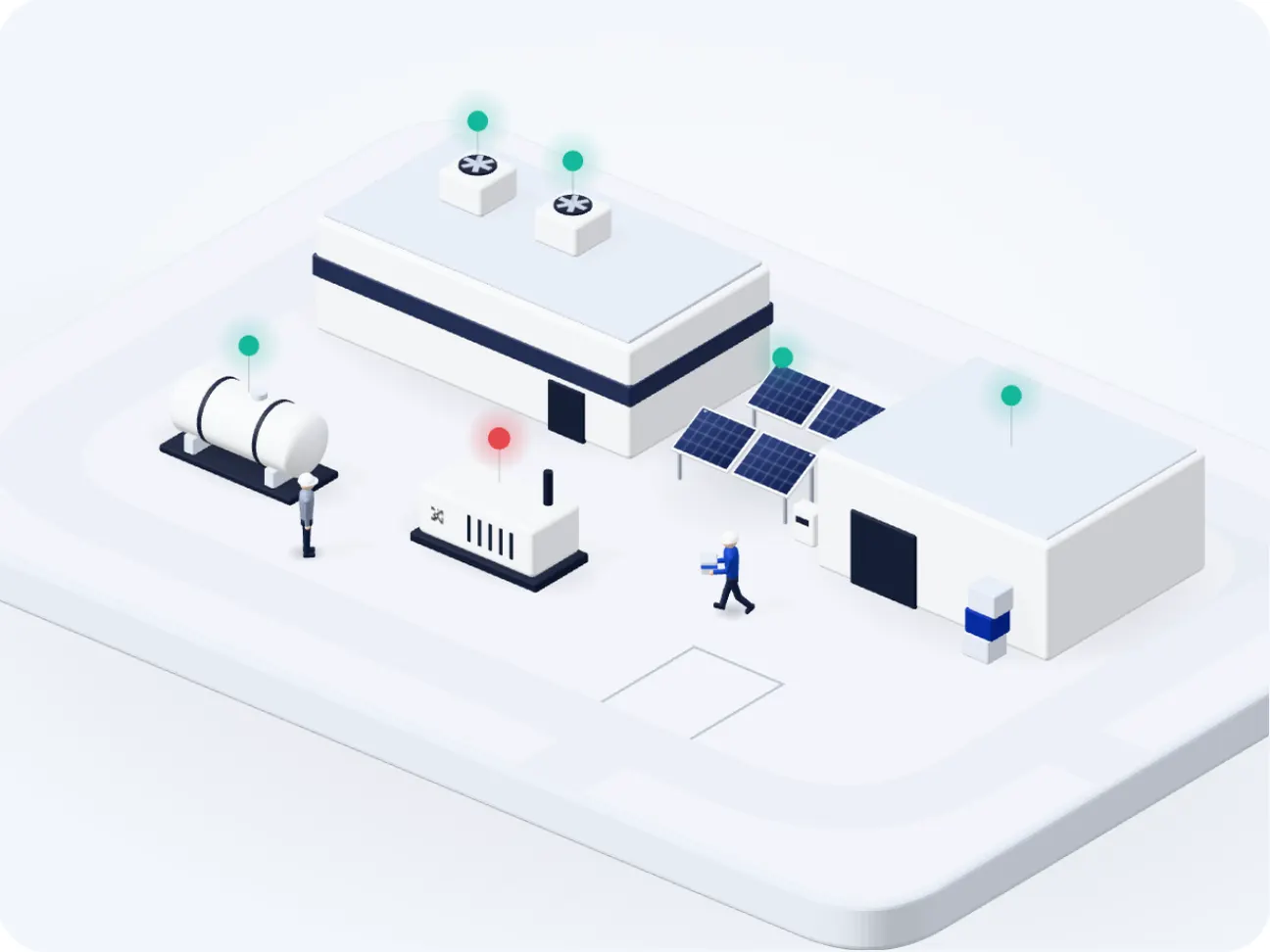 Illustration of a site: a building, a generator, a fuel tank, solar panels, a warehouse and a truck. An operator scans the generator's QR code, a technician fetches a part from the warehouse and fixes it, then services the truck that is due.
